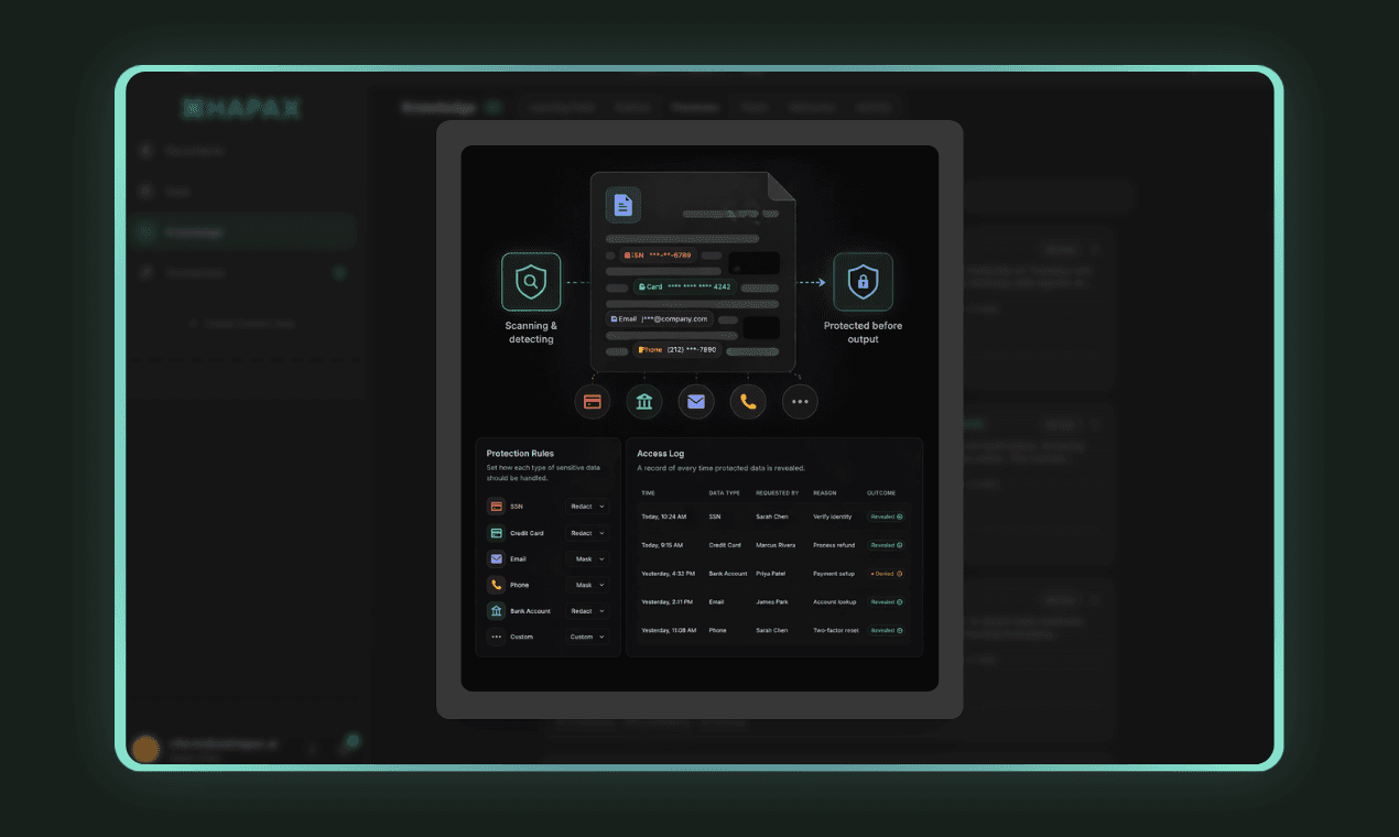 PII protection settings with configurable security levels